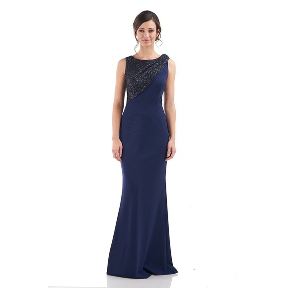 JS Collection Kennedy Draped Mermaid Maxi Dress Gown Navy NWT Sequins Sz 6 - Picture 1 of 16
